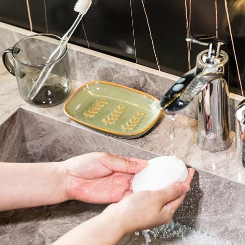 Miamolo Soap Dish Soap Holder Shower, Ceramic Soap Dishes for Bar Soap Sponge, Shower Soap Dish Soap Saver Tray for Bathroom Kitchen Sink, Easy to Clean, Green - color: Green, size: Leaf Design