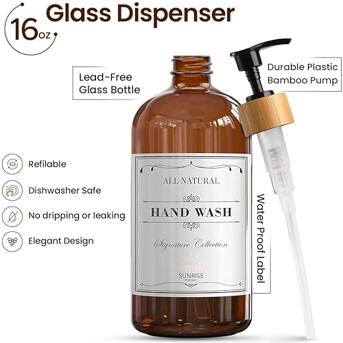 Sunrise Premium 16 OZ Thick Amber Glass Soap Dispenser, Bamboo Pump with Tray 2 Pack, Hand and Dish Soap Dispenser Set for Bathroom with 6 Waterproof Labels - color: Plastic Bamboo Pump - Amber Glass Pack 2
