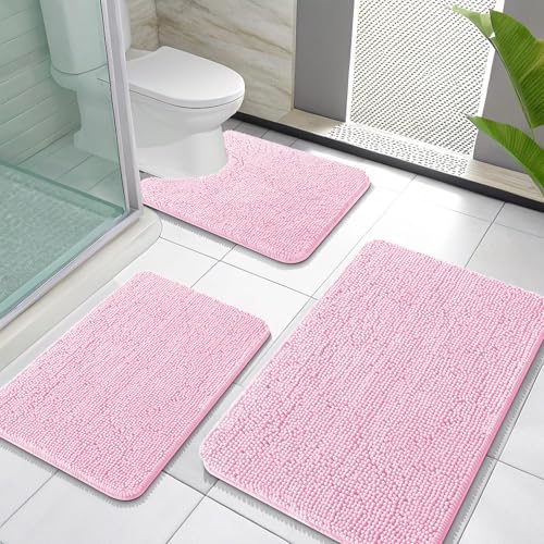 OLANLY Bathroom Rugs Sets 3 Piece, Soft Absorbent Chenille Bath Mats and U-Shaped Contour Toilet Rug, Quick Dry, Home Decor Accessories, Bath Mat Set for Bathroom (30"x20"+24"x16"+24"x20", Pink) - color: Pink, size: 30" X 20" + 24" X 16" + U24" X 20"