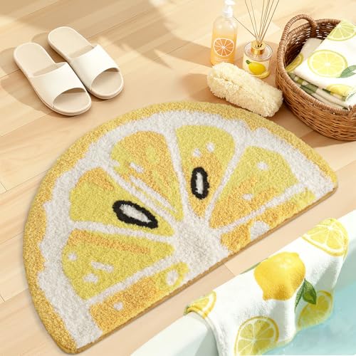 DEXI Cute Bathroom Rugs Half Round, Funny Fruits Absorbent Bath Mat Non Slip Washable, Extra Soft Plush Microfiber Bathmat for Shower Floor, Tub, Sink, Bedroom, 32x20, Lemon - color: Lemon Yellow