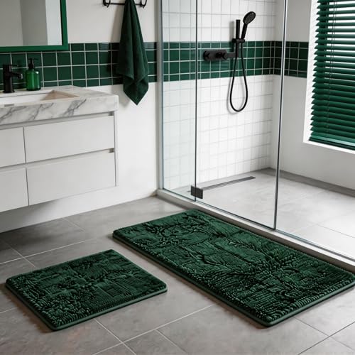 2 Piece Bath Rugs for Bathroom Non Slip - Soft Plush Shaggy Mats Floor, Indoor Entryway Extra Soft Chenille Bath Mat Absorbent Bathroom Rug（Dark Green） - color: Dark Green, size: 32"L x 20"W + 24"L x 16"W