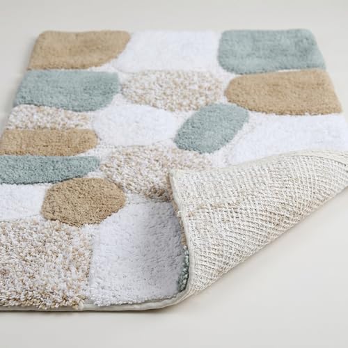 THE BEER VALLEY Pebble Stone Bath Rug 21x32 Inches - Grey Beige | Non Slip Cotton Accent Rugs for Bathroom, Washable Absorbent Bath Floor Mat - color: Grey/Beige, size: 21 x 32 inches