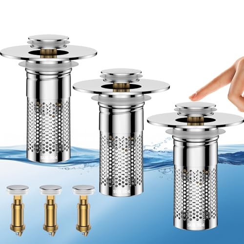 Bathroom Sink Drain Strainer,Universal Pop-Up Sink Stopper Hair Catcher, Anti-Clog Stainless Steel Drain Filter Basket, Removable Sink Drain for Bathroom Sink Stopper - color: Silver-3pack