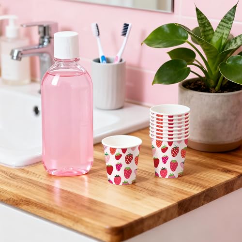 WRAPAHOLIC 3oz Paper Cups - 100 Pack Disposable Bathroom Cups with Strawberry Fruits Design, Small Mouthwash Cup for Toothbrush Rinse, Home Bathroom, Picnic, BBQ, Travel and Party - color: Pink & Red Strawberry