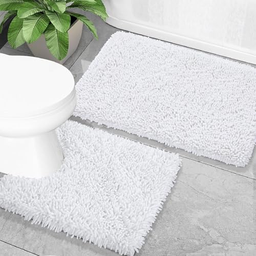 Yimobra Bathroom Rugs Sets 2 Piece, Soft Absorbent Bath Mat and U-Shaped Toilet Rug with Non Slip Backing, Luxury Shaggy Bath Mats for Bathroom, Machine Washable, 31.5"x20"+24"x20", White - color: White, size: 31.5x20 + 24x20 Inch