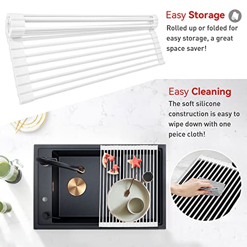 MERRYBOX Roll Up Over The Sink Dish Drying Rack Silicone Wrapped Foldable, Heat-Resistant, Anti-Slip Sink Rack Multipurpose Dish Drainer for Kitchen Sink Counter - White, 17.5" x 11" - color: Rectangle-white, size: Rectangle: 17.5" x 11"