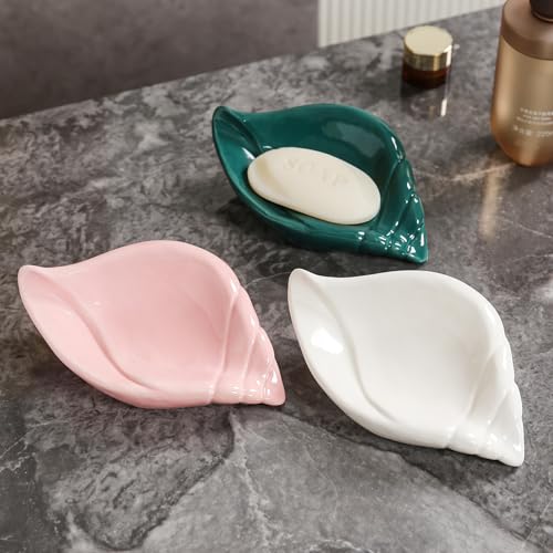 Sea-Shell Soap Holder, Ceramic Soap Tray with Self Draining, Soap Tray for Sink Washroom Bathroom Shower, Small Cute and Elegant Holder with Glaze, Easy Cleaning (Pink) - color: Pink
