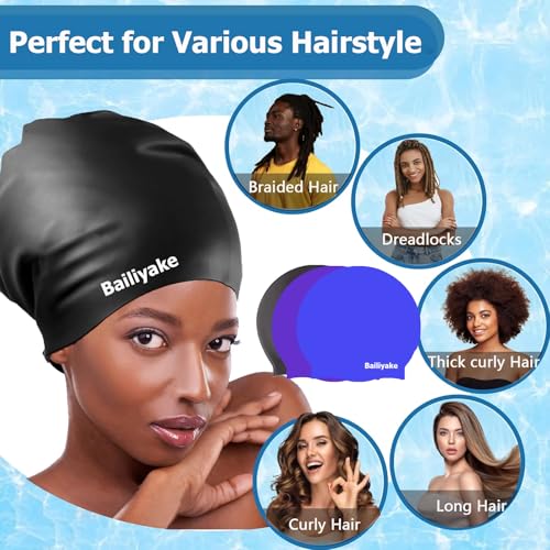 3 Pack Extra Large Swim Cap for Braids & Dreadlocks - Waterproof Silicone Swim Hat for Women with Long Thick Hair, Protective Swim Cap Cover Ears for Swimming, Shower, Bathing - color: Black+Blue+Purple