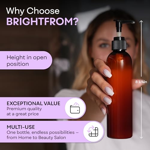BRIGHTFROM Lotion Pump Bottles, Empty 8 OZ, BPA-Free Refillable Plastic Containers, Amber with Black Dispenser for - Soap, Shampoo, Lotions, Liquid Body Soap, Creams and Massage Oil (3 PACK) - color: Amber
