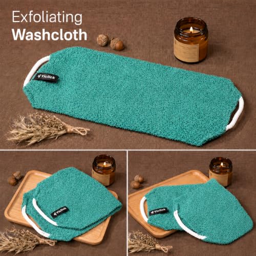 Yiclick Exfoliating Washcloth Towel with Handle, Back Scrubber for Shower, Exfoliating Body Scrubber Exfoliator, Japanese Wash Cloth for Body Scrub, Bath Sponge Loofah Luffa Washer Exfoliator - color: Teal