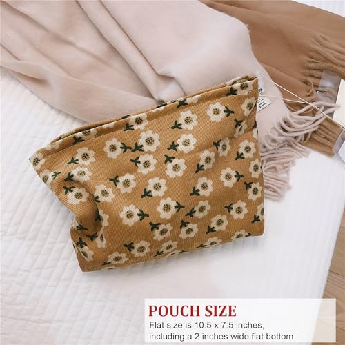 HAPPYHEIDI Women Floral Corduroy Canvas Travel Makeup Bag Cosmetic Pouch Purse Organizer, Khaki - color: 001 SX142-03 Khaki Floral Corduroy
