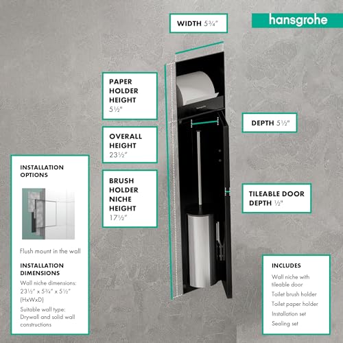 hansgrohe XtraStoris Rock Recessed Toilet Brush Holder with Toilet Paper Holder & Tileable Door in Matte White, 56062700 - color: Matte White