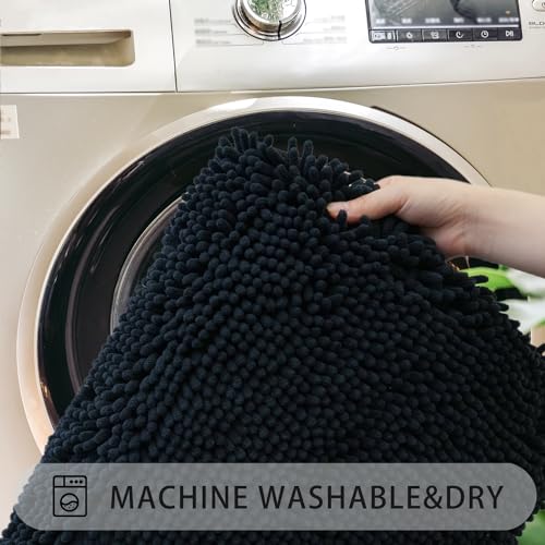 U-Shaped Toilet Rug, Chenille Contour Bathroom Mat, Non-Slip PVC Backing, Machine Washable, 24x20, Black - color: Black, size: 1'8" x 2' (20"x 24"U)
