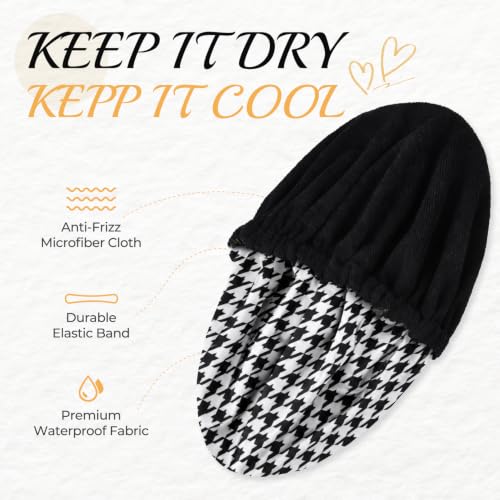 Shower Cap for Women Terry Lined Bath Cap Large Reusable Waterproof Elastic Black Houndstooth Shower Caps for Long Thick Hair Soft Bath Shower Hair Caps - color: Black Houndstooth