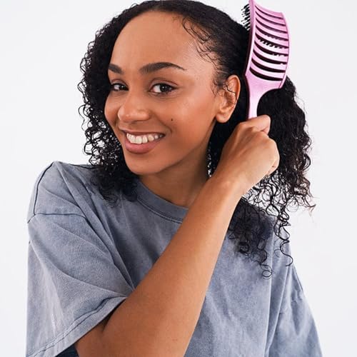 HAPPY HAIR BRUSH Happy Detangler Paddle Brush with Boar Bristles & Nylon Pins | Designed by Women to Detangle & Smooth Thick, Fine or Curly Hair | Pain-Free Slick Back Brush, Ultra Lightweight (Pink) - color: Pink