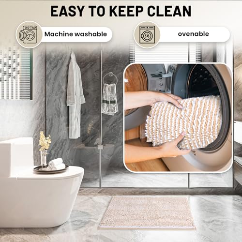 Chenille Bathroom Rugs Set 2 Piece, Absorbent Bath Rugs, Non-Slip Bath Mats, Machine Washable Rugs for Bathroom Floor, Tub and Shower, Champagne&White (20 × 32 Plus 17 ×24 - Inch) - color: Champagne &White