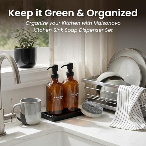 Maisonovo Kitchen Soap Dispenser Set - Hand and Dish Soap Dispenser Set with Amber Glass Soap Dispenser, Black Pumps & Ceramic Tray - color: Amber Bottles/ Black Pumps/ Black Ceramic Tray