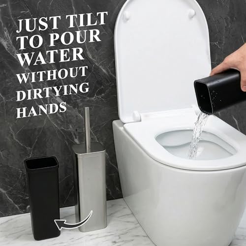 Toilet Brush with Square Holder - Toilet Brush and Holder Set Silver, Stainless Steel Handle with Splash Shield, Replaceable Head and Removable Inner Cup - Freestanding Bathroom Toilet Cleaning Set - color: Silver Rounded Square