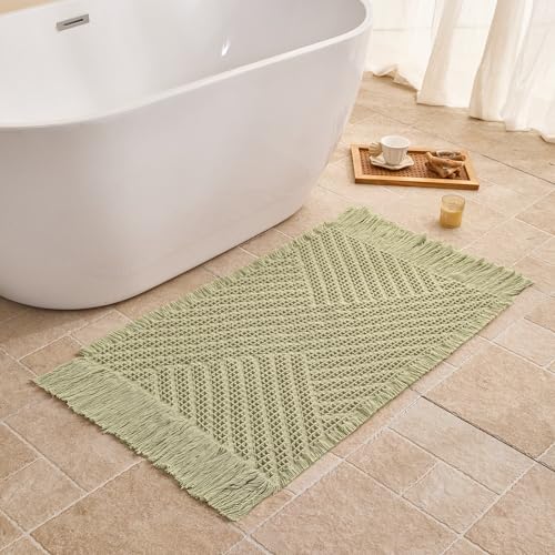 Waffle Bath Mat Non Slip, Boho Bathroom Rug, Super Absorbent Quick Dry Bathroom Mat, Soft Farmhouse Bath Rug with Tassels, Small Washable Shower Mats for Floor 20"x32", Tassels Sage Green - color: Tassels Sage Green, size: 1'8" x 2'8" (Rectangular)