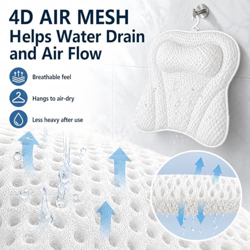 Bath Pillow Bathtub Pillow, Bath Tub Pillows for Head and Neck, Bath Tub Pillow Headrest with Soft Air Mesh Fabric & Strong Suction Cups, Relaxing Bath and Spa Accessories(White)