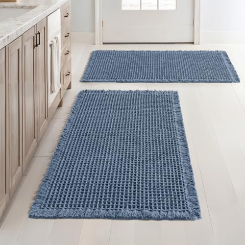 MIULEE Set of 2 Waffle Bathroom Rugs, Boho Bath Rugs Non Slip Washable, Super Absorbent Bath Mats, Ultra Soft Rubber Backed Shower Mats for Bathroom Floor, Tub and Shower, Blue, 18x30 Inch - color: Blue, size: 18''x30''