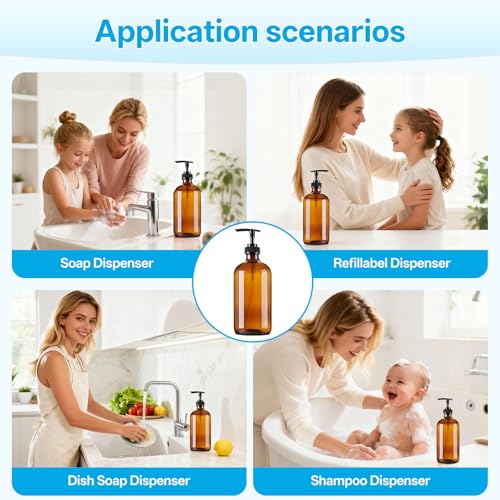 GIVAMEIHF 8oz Amber Glass Dispenser Bottles 3-Pack,Refillable Soap Dispenser with Drip-Free Pump,Brown Glass Containers for Kitchen & Bathroom - Dish Soap,Shampoo,Lotion,Conditioner & Body Wash
