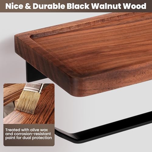 Double Toilet Paper Holder with Walnut Wood Shelf - Wall Mount & Self-Adhesive Bathroom Tissue Roll Holder, Black Stainless Steel with Walnut Shelf for Phone - Home Apartment Restroom - color: Walnut & Matte Black Double Hooks