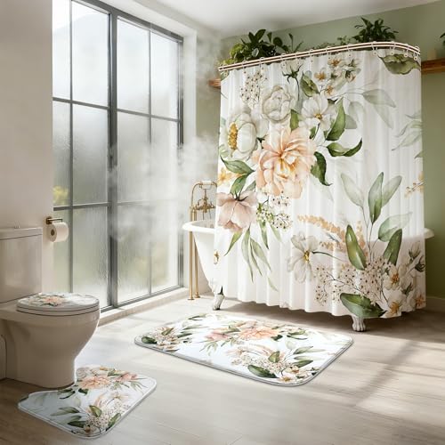 16 pcs Premium Floral Bathroom Set with Rugs and Shower Curtains,Flower high Absorbent Non-Slip Bath Mat and Shower Curtain Sets,Heavy-Weight 120gsm Bathroom Curtain with 12pcs Metal Hooks - color: Flower a