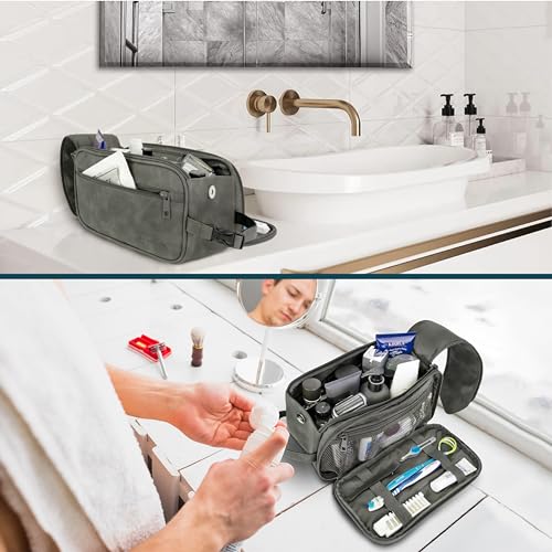 PAVILIA Toiletry Bag for Men, Travel Essentials Shaving Dopp Kit, Mens Travel Bag Toiletries Organizer Case for Grooming, PU Leather Water Resistant Cosmetic Bag Pouch (Dark Grey) - color: Gray, size: Large (10.5x5.5x6)