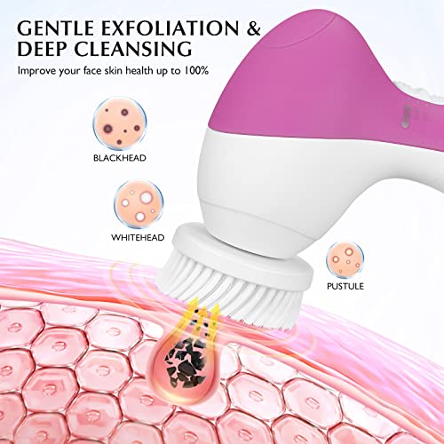 COSLUS Facial Cleansing Brush Silicone Face Scrubber: 7 in 1 FBS-D Electric Exfoliating Rotating Massage Device Waterproof Deep Cleaning Exfoliation Spa Machine - Electronic Skin Care Wash System - color: Pearl Pink, size: With 7 brush heads
