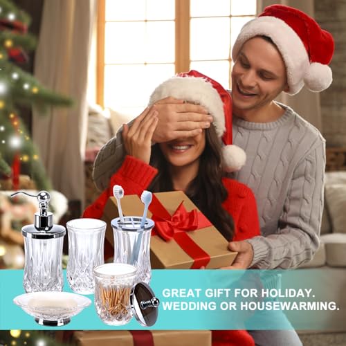Bathroom Accessories Set,5 Pcs Clear Glass Bathroom Accessory Set,Complete Lotion Soap Dispenser,Toothbrush Holder,Soap Dish,Tumbler & Jar,Modern Bathroom Decor Sets Gift,Round - style: Round(Clear)