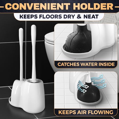 2 in 1 Toilet Plunger and Brush Set White - Toilet Brush and Plunger Set White with Stiff Bristles, Strong Vacuum Suction and Holder - Space-Saving Stand, Fits Most Standard Toilets, 9.3×6.3×15.2 inch - color: White