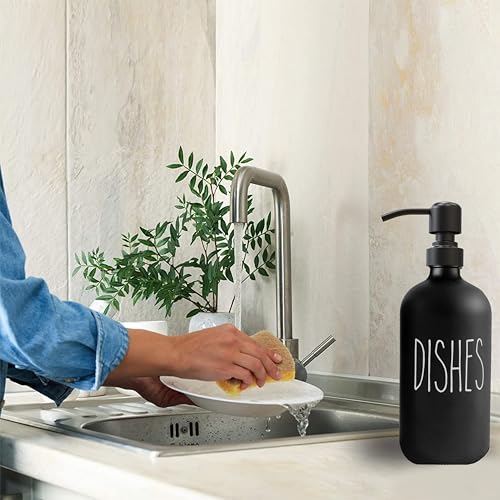 Sunrise Premium 16 OZ Thick Black Glass Soap Dispenser, Matte Black Stainless Steel Pump 2 Pack, Hand and Dish Soap Dispenser Set for Bathroom with 6 Waterproof Labels - color: Matte Black Stainless Steel Pump - Black Glass