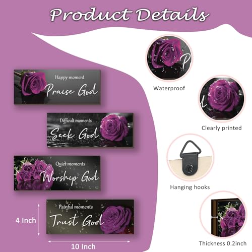ONIZHITY 4pcs Purple Bathroom Decor Religious Wall Art Bible Verse Inspirational Rose Wall Decor Rustic Wooden Christian Sign for Home, Bathroom, Office, Bedroom, Living Room, Kitchen (10x4) - color: Purple Rose