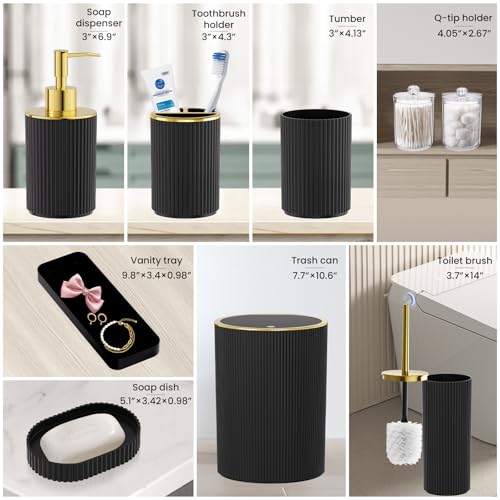 Black Gold Bathroom Accessories Set, 10PC Bathroom Set, Bath Accessory with Pop Up Trash Can, Soap Dispenser, Toilet Brush, Toothbrush Set Qtip Holders & Tray - color: Black & Gold, size: 10-Piece Set (Accessories Only)