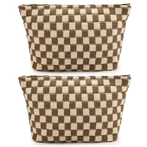 SOIDRAM 2 Pieces Makeup Bag Large Checkered Cosmetic Bag Capacity Canvas Travel Toiletry Bag Organizer Cute Makeup Brushes Aesthetic Accessories Storage Bag for Women, Brown checkered - color: Brown checkered