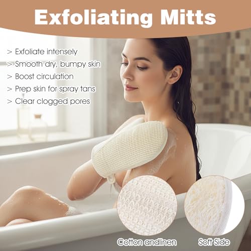 Natural Loofah Sponge Set, 6-Pack Exfoliating Body Scrubber Pads & Back Scrubber & Glove Luffa Sponge Pads, White for Men and Women