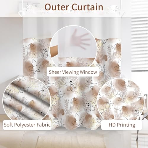 No Hook Shower Curtain with Snap in Liner Set FYZZ00003 - color: Brown Watercolor Botanical