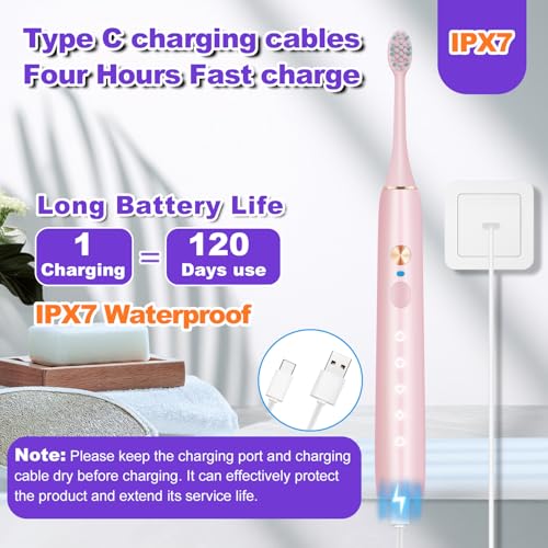 Whitening Electric Toothbrush for Adults, Rechargeable Toothbrush with 8 Brush Heads & Travel Case, 5 Modes & Smart Timer, 45000VPM Deep Clean, IPX7,One Fast Charge Last 120 Days - Pink - color: Pink