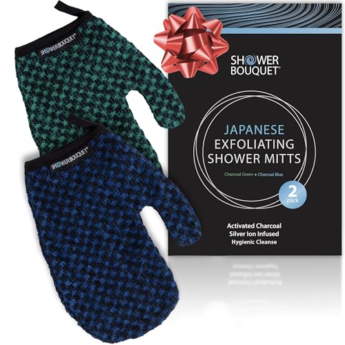 Japanese Exfoliating Mitt 2-Pack - Charcoal & Silver Ion Exfoliating Gloves for Shower - Soft Inner Fabric Gentle Exfoliation & Deep Cleansing Body Scrub Gloves for All Skin Types - 1 Blue, 1 Green - color: Charcoal Blue + Charcoal Green, size: 1 Count (P