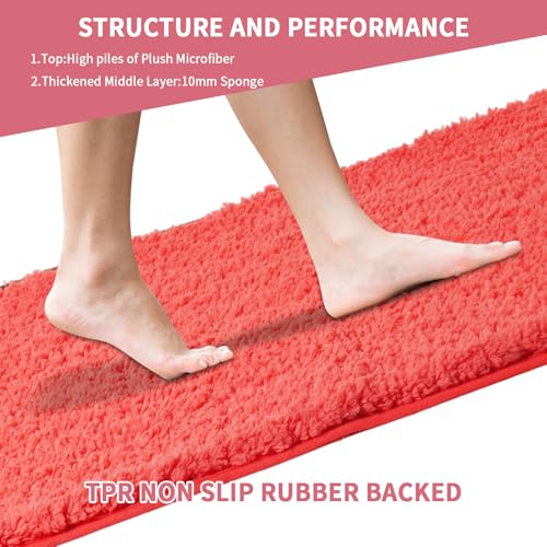 Bathroom Rugs Sets 3 Piece with Adjustable Toilet Seat Cover 17.5"x 15" Machine Washable Bath Rug Set with TPR Non Slip Rubber Backing Solid Bath Mat Set for Luxury Bathroom Decoration - color: Hot Coral