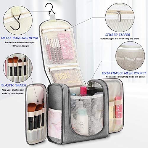 Freegrace Extra Large Hanging Toiletry Bag for Men and Women - Water-Resistant Nylon Travel Bathroom Organizer for Cosmetics, Makeup, and Toiletries - color: Light Grey