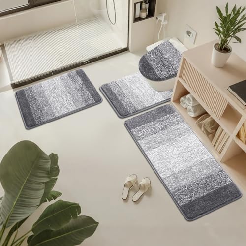Bsmathom Bathroom Rugs Sets 4 Piece, Soft Absorbent Microfiber Bath Rugs with U-Shaped Contour Toilet Rug and Toilet Lid Cover, Thick Non-Slip Plush Shaggy Bath Mat Set,Grey - color: Grey, size: 18"x26"+18"x48"+U20"x24"+Cover19"x21"