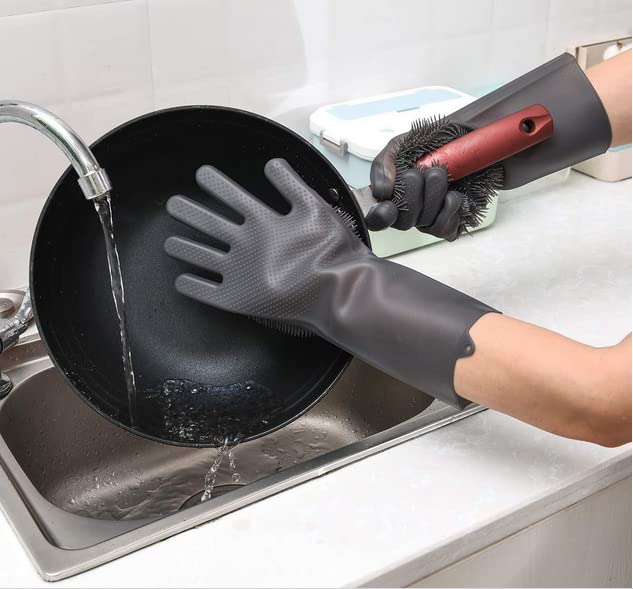 Silicone Dishwashing Gloves, Pet Grooming Rubber Scrubbing for Dishes, Sponge Wash Cleaning with Scrubbers (13.6" L) - color: Grey