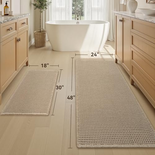 Upgraded Waffle Bath Mat Set of 2, Super Absorbent Non Slip Bath Mats for Bathroom Floor, Washable Boho Bathroom Rugs Set 2 Pieces with Tassels, Soft Bathroom Mat Set, Brown, 18" x 30" Plus 24" x 48" - color: Brown, size: 18" x 30" + 24" x 48"