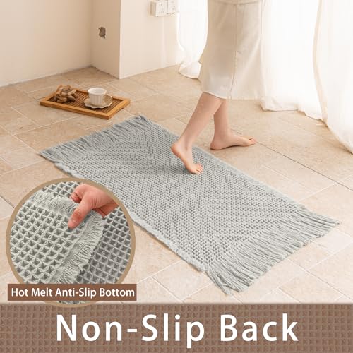 Waffle Bath Mat Non Slip, Boho Bathroom Rug, Super Absorbent Quick Dry Bathroom Mat, Soft Farmhouse Bath Rug with Tassels, Small Washable Shower Mats for Floor 20"x32", Tassels Light Grey - color: Tassels Light Grey, size: 1'8" x 2'8" (Rectangular)
