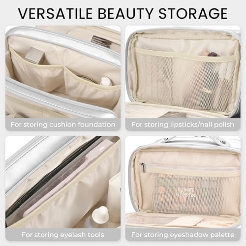 HauteHues Travel Makeup Bag Women's Large Capacity Cosmetic Portable Organizer Large Opening Waterproof Storage Toiletry Bags Vertical Free-Standing Brush Holder for Easy Access Silver - color: Silver