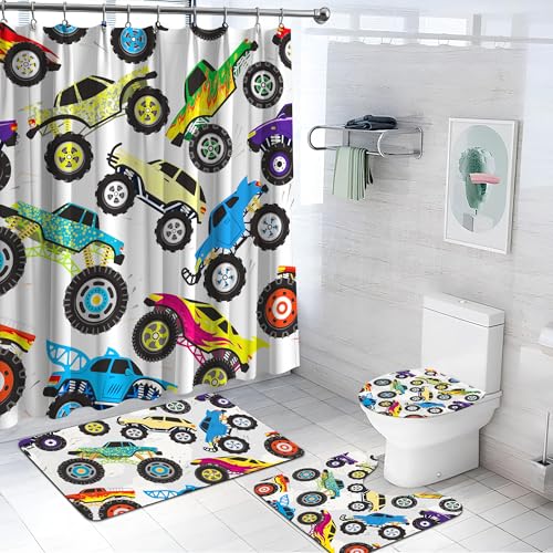 Boys Bathroom Monster Truck Shower Curtain Sets 4 Piece, Colorful Bathroom Set with Shower Curtain and Rugs Waterproof Kids Monster Vehicle Sports Hot Wheel Car Toilet Restroom Bath Home Decorations - color: Trucks