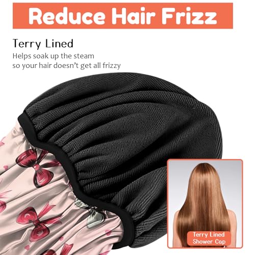 Luxury Shower Cap Terry Lined Reusable Triple Layer Waterproof Hair Elastic Caps Shower Bath Hat for Women Girls Cute Aesthetic-Pink Bowknot - color: AL20-Pink Bowknot