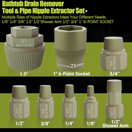 1.5'' Tub Drain Extractor, 8PCS Pipe Nipple Extractor Set with 1-inch Socket, Remove the Old, Broken, Stubborn, Rusted Drain Tub Bathtub Stopper, Strong Grab Plumbing with Storage Case - size: 8 Pieces
